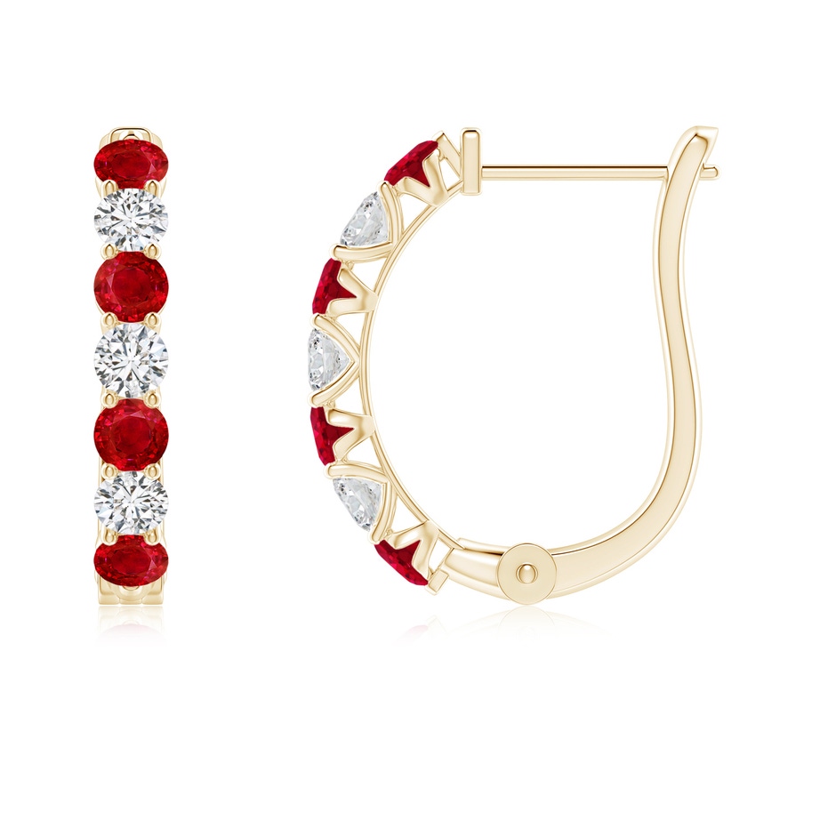 2.5mm AAA Ruby and Diamond Huggie Hoop Earrings in Yellow Gold 