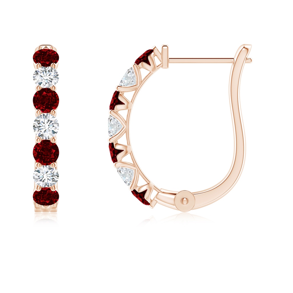 2.5mm AAAA Ruby and Diamond Huggie Hoop Earrings in Rose Gold