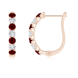 2.5mm AAAA Ruby and Diamond Huggie Hoop Earrings in Rose Gold