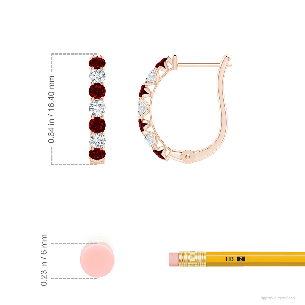 2.5mm AAAA Ruby and Diamond Huggie Hoop Earrings in Rose Gold ruler