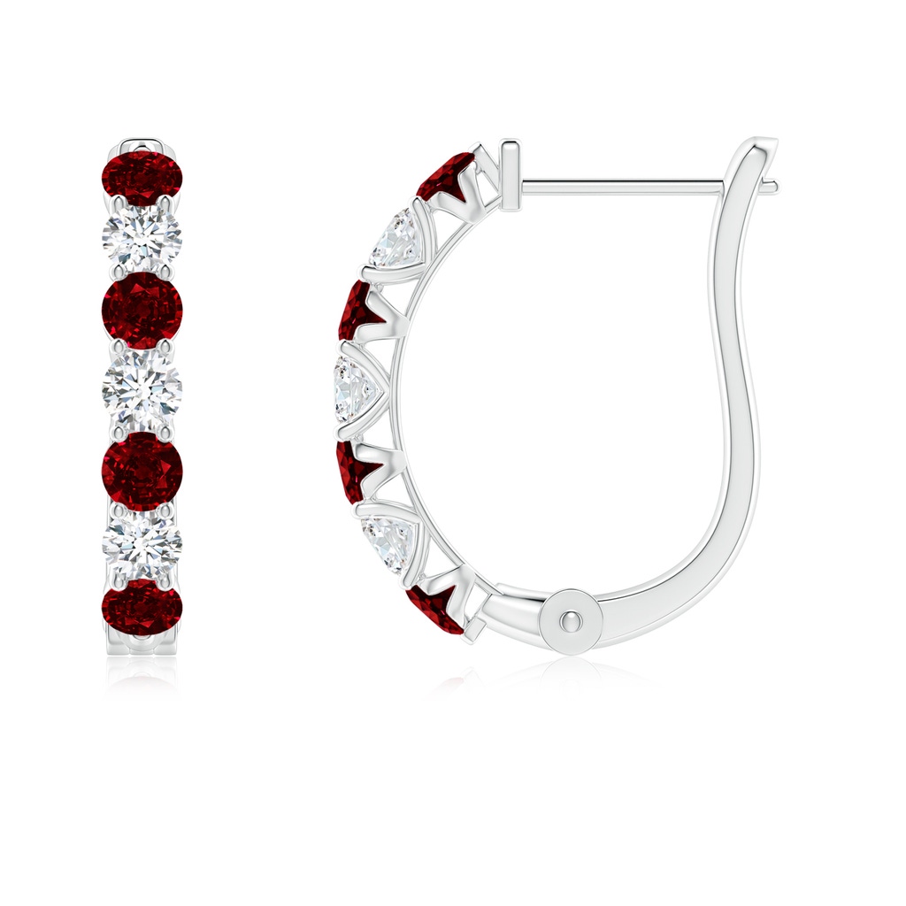 2.5mm AAAA Ruby and Diamond Huggie Hoop Earrings in White Gold