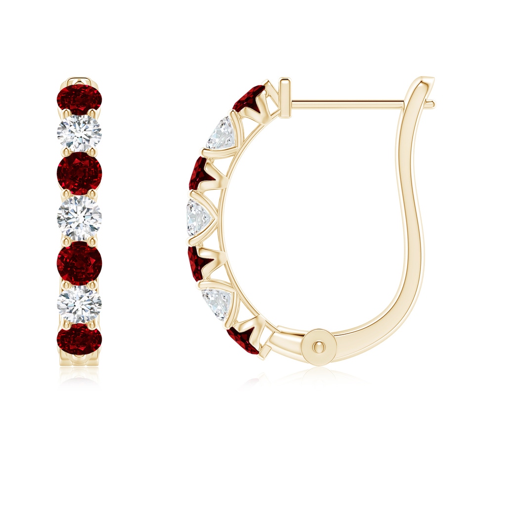 2.5mm AAAA Ruby and Diamond Huggie Hoop Earrings in Yellow Gold