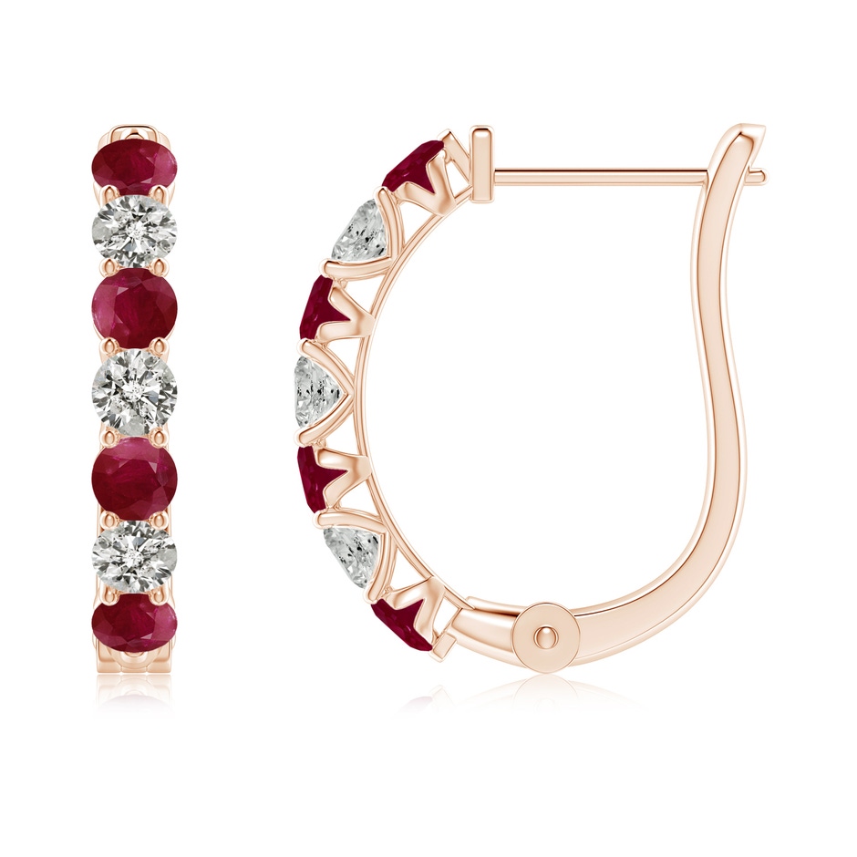 2.8mm A Ruby and Diamond Huggie Hoop Earrings in Rose Gold 