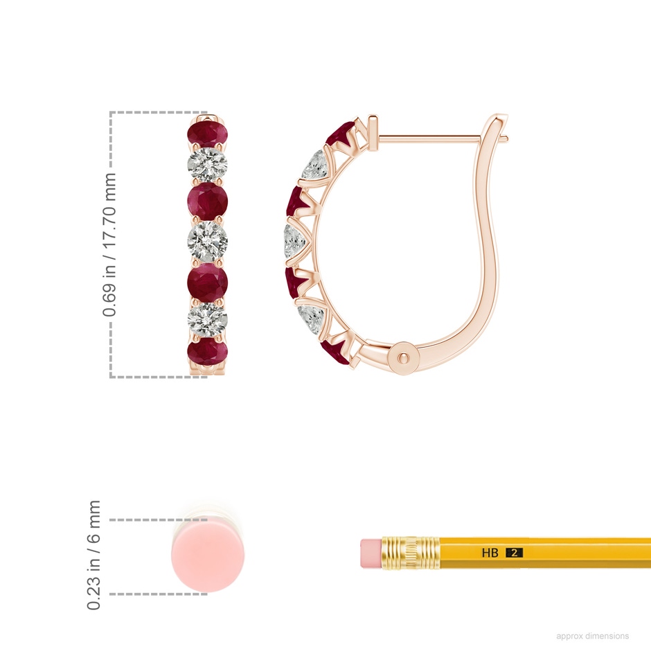 2.8mm A Ruby and Diamond Huggie Hoop Earrings in Rose Gold ruler
