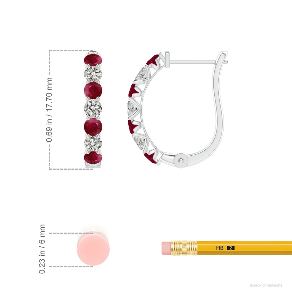 2.8mm A Ruby and Diamond Huggie Hoop Earrings in White Gold ruler
