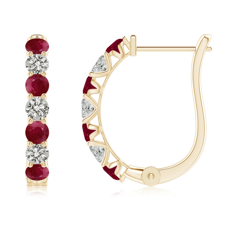 2.8mm A Ruby and Diamond Huggie Hoop Earrings in Yellow Gold 