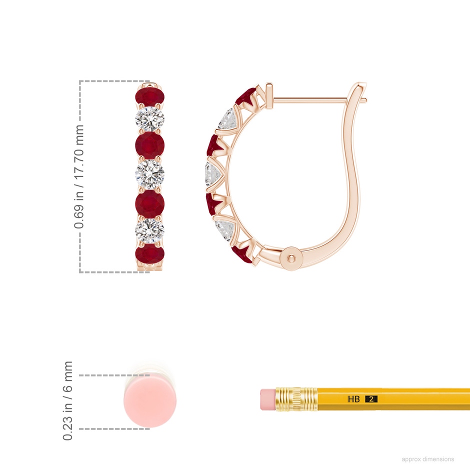 2.8mm AA Ruby and Diamond Huggie Hoop Earrings in Rose Gold ruler
