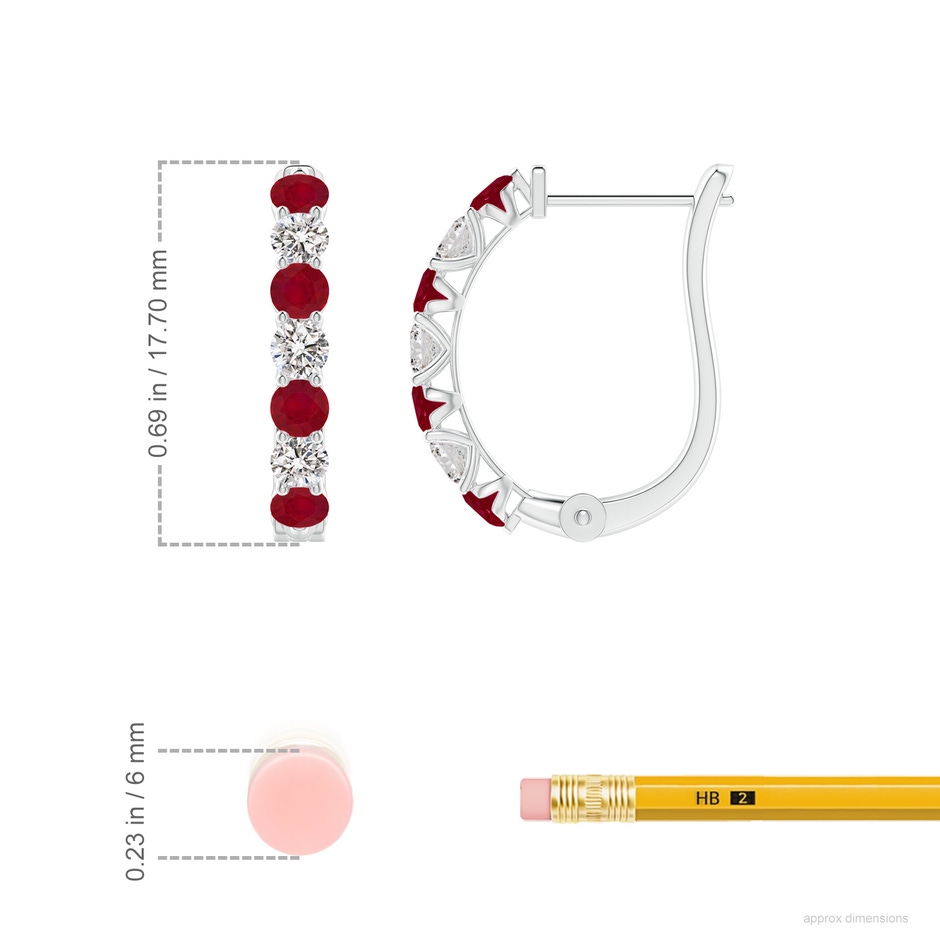2.8mm AA Ruby and Diamond Huggie Hoop Earrings in White Gold ruler