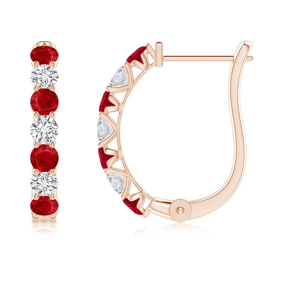 2.8mm AAA Ruby and Diamond Huggie Hoop Earrings in Rose Gold 