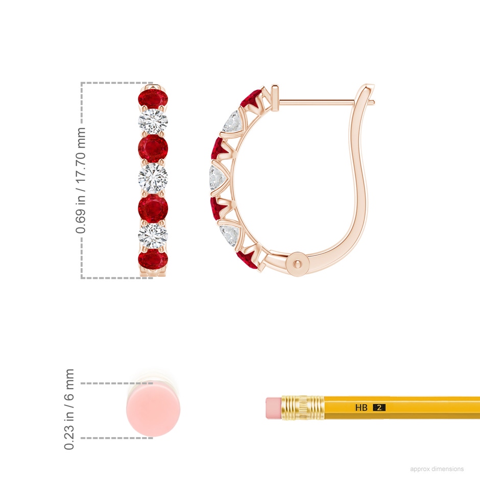 2.8mm AAA Ruby and Diamond Huggie Hoop Earrings in Rose Gold ruler