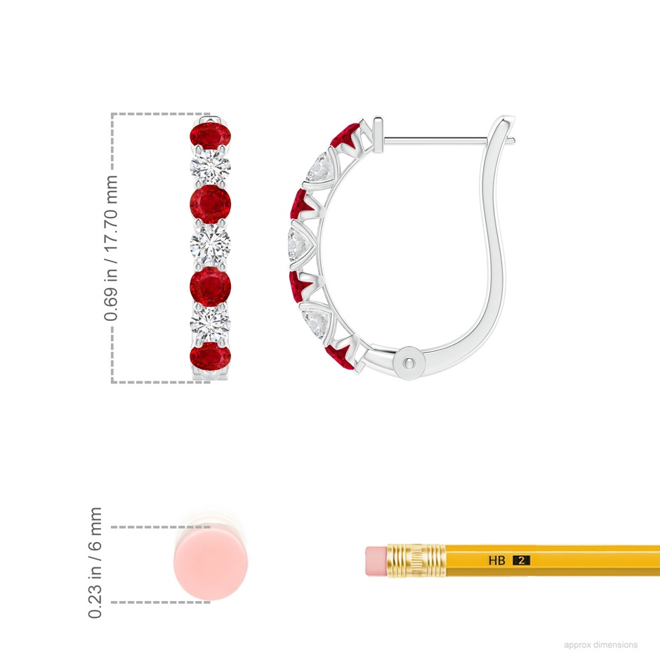2.8mm AAA Ruby and Diamond Huggie Hoop Earrings in White Gold ruler