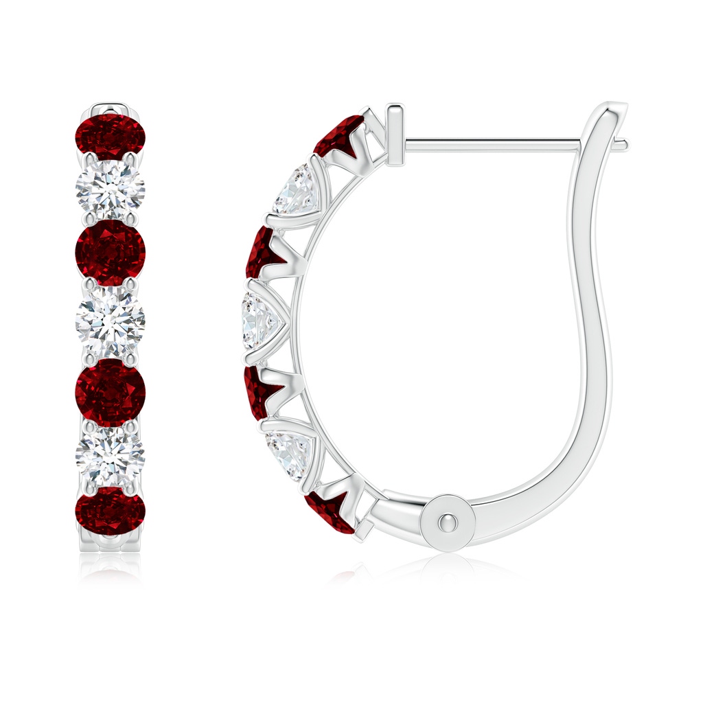 2.8mm AAAA Ruby and Diamond Huggie Hoop Earrings in White Gold