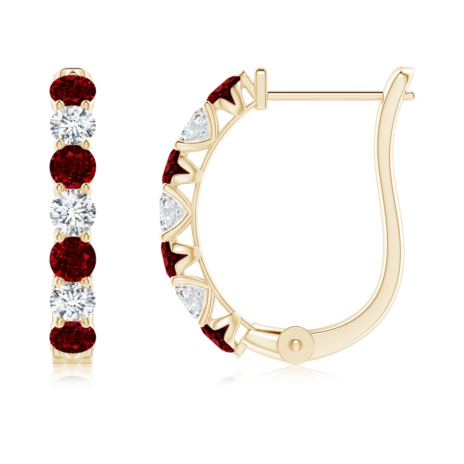 2.8mm AAAA Ruby and Diamond Huggie Hoop Earrings in Yellow Gold 