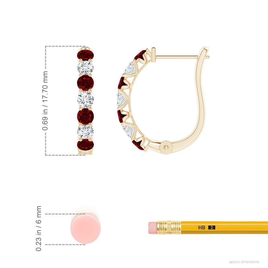 2.8mm AAAA Ruby and Diamond Huggie Hoop Earrings in Yellow Gold ruler