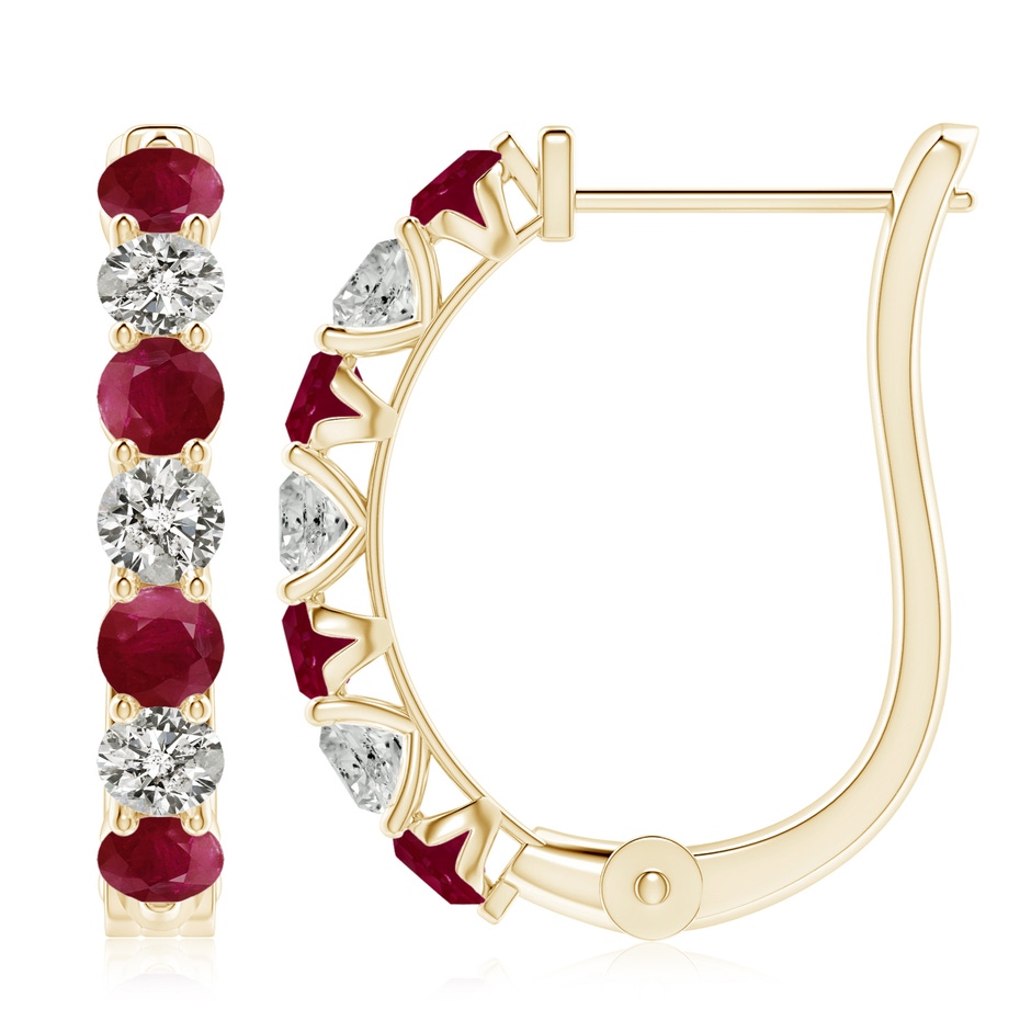3.5mm A Ruby and Diamond Huggie Hoop Earrings in Yellow Gold 