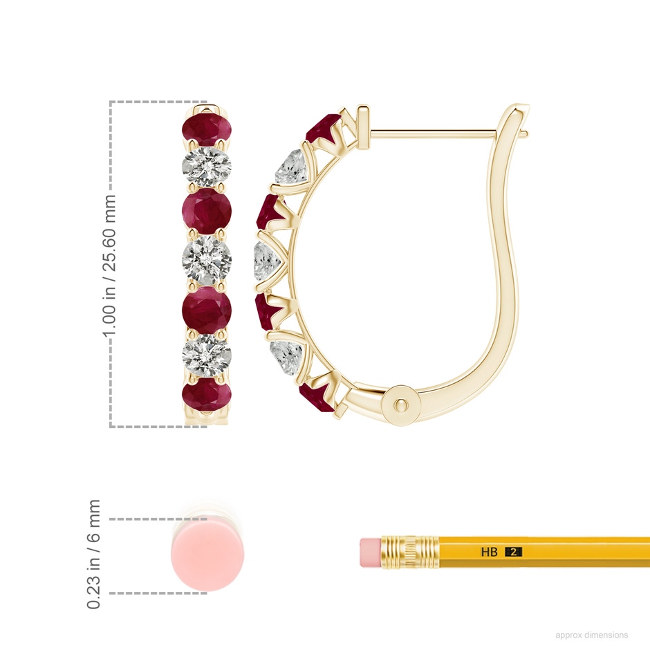 3.5mm A Ruby and Diamond Huggie Hoop Earrings in Yellow Gold ruler