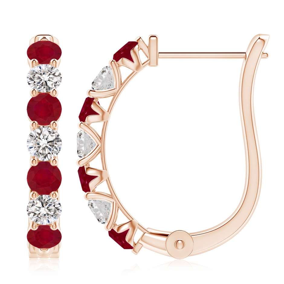 3.5mm AA Ruby and Diamond Huggie Hoop Earrings in Rose Gold 