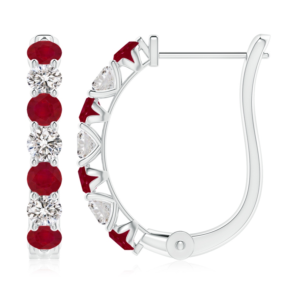 3.5mm AA Ruby and Diamond Huggie Hoop Earrings in White Gold 