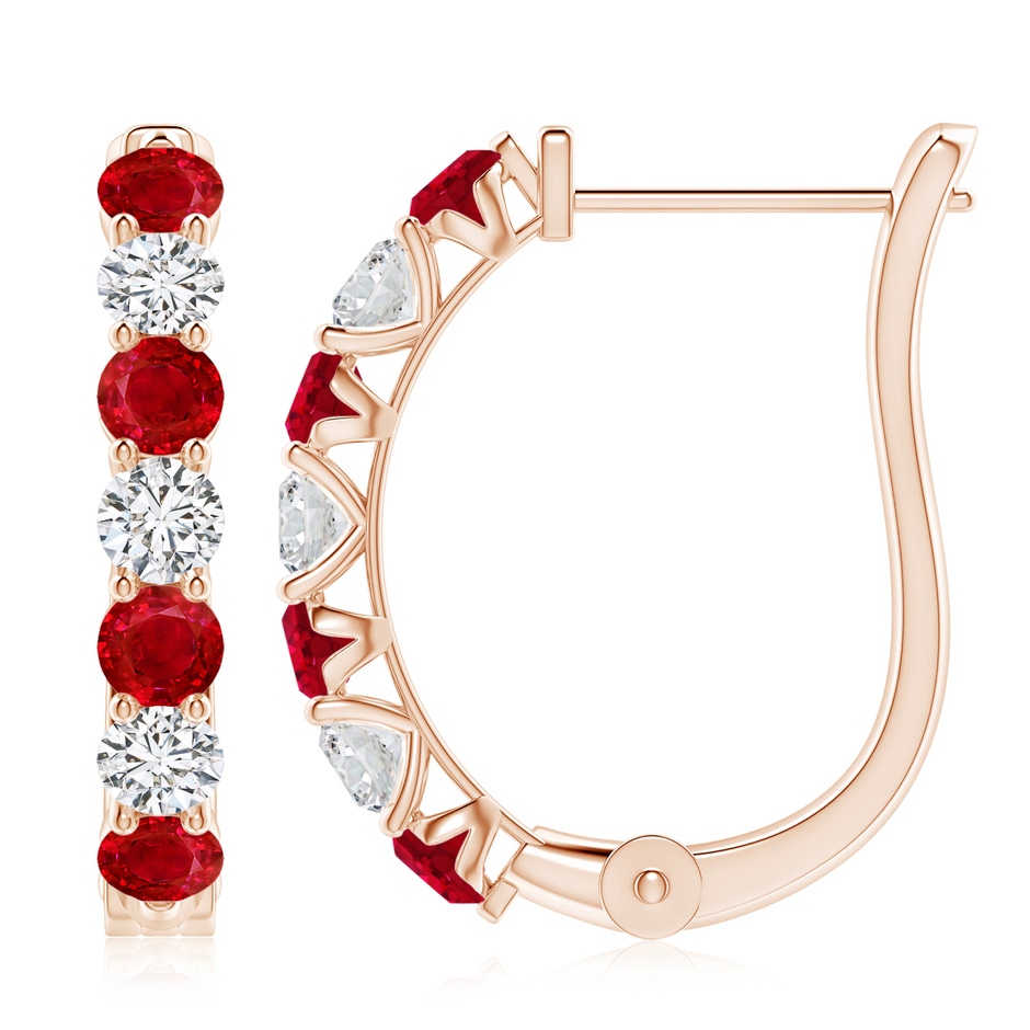 3.5mm AAA Ruby and Diamond Huggie Hoop Earrings in 18K Rose Gold 