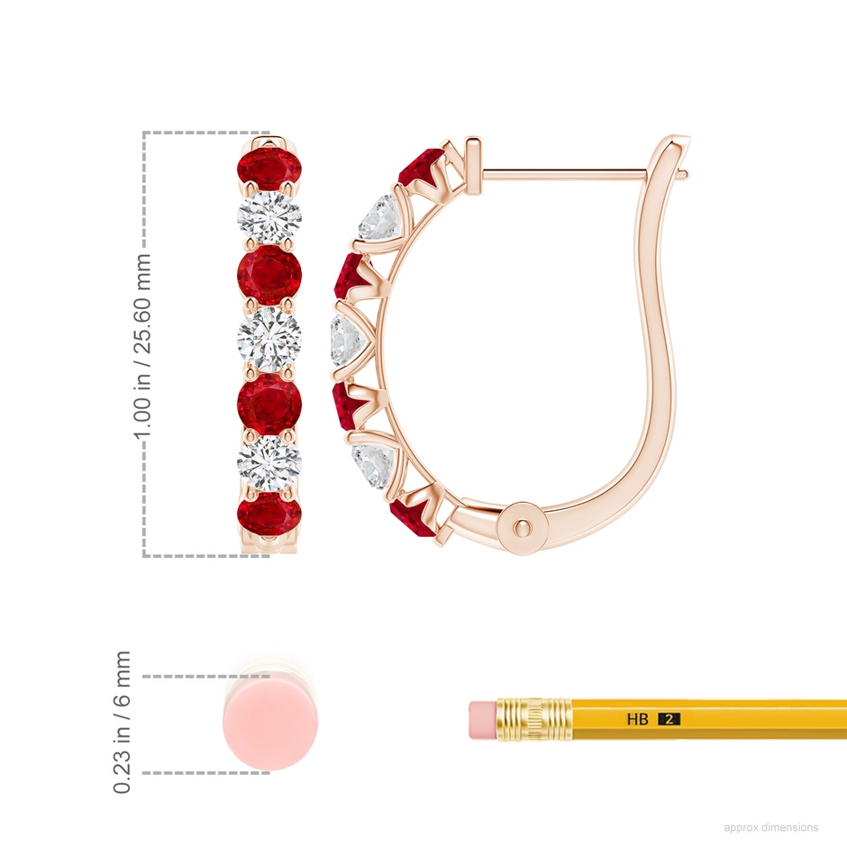 3.5mm AAA Ruby and Diamond Huggie Hoop Earrings in Rose Gold ruler