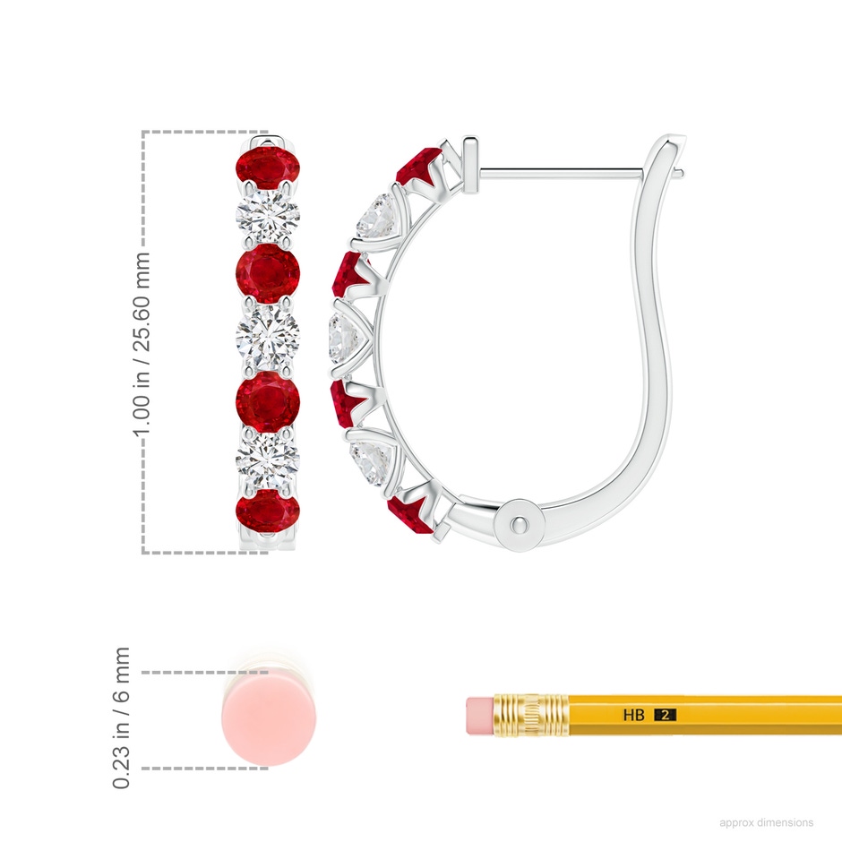 3.5mm AAA Ruby and Diamond Huggie Hoop Earrings in White Gold ruler