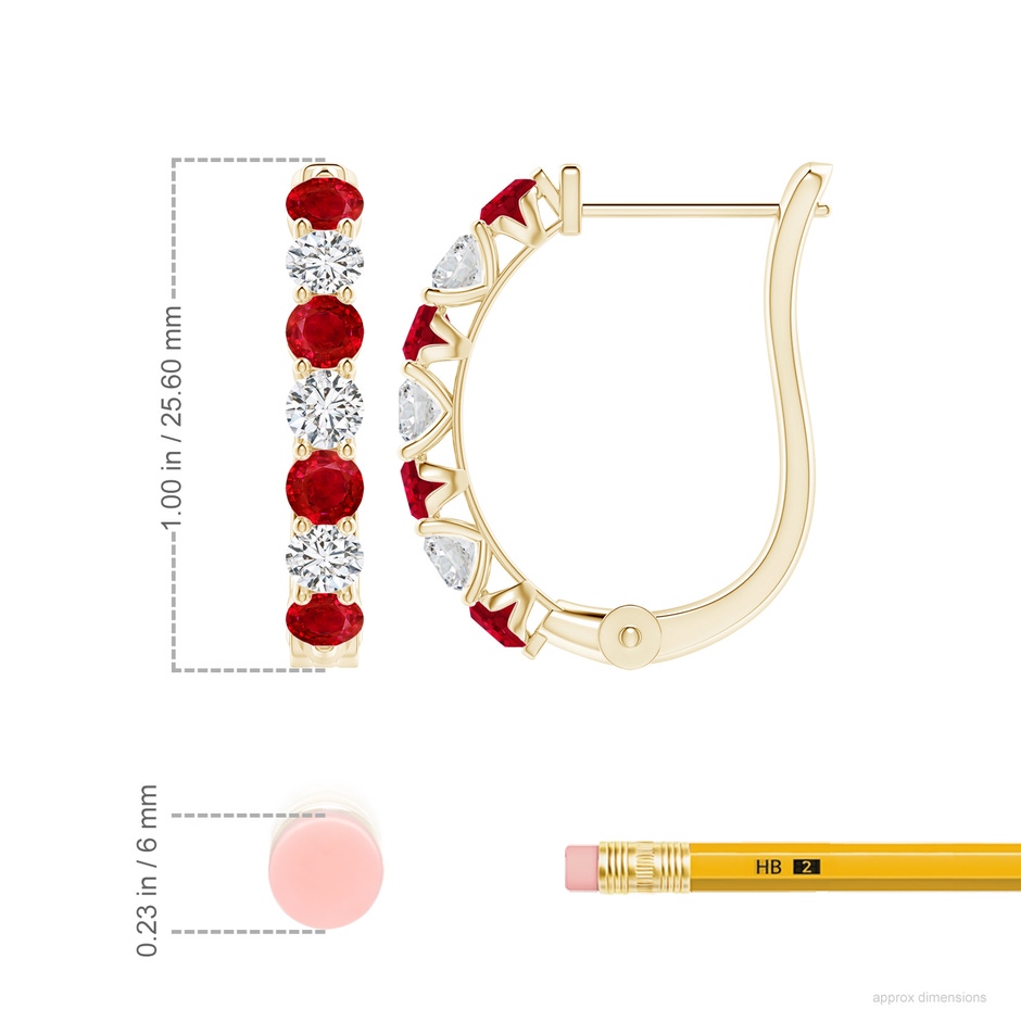 3.5mm AAA Ruby and Diamond Huggie Hoop Earrings in Yellow Gold ruler