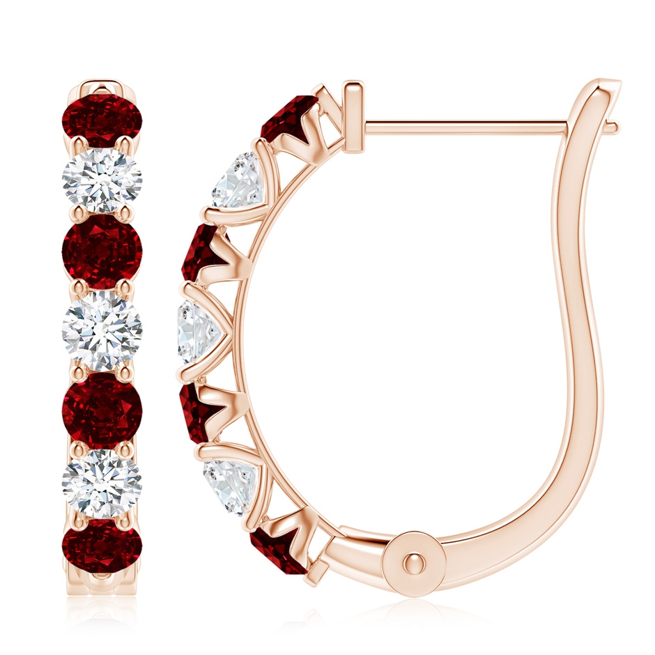3.5mm AAAA Ruby and Diamond Huggie Hoop Earrings in 18K Rose Gold 