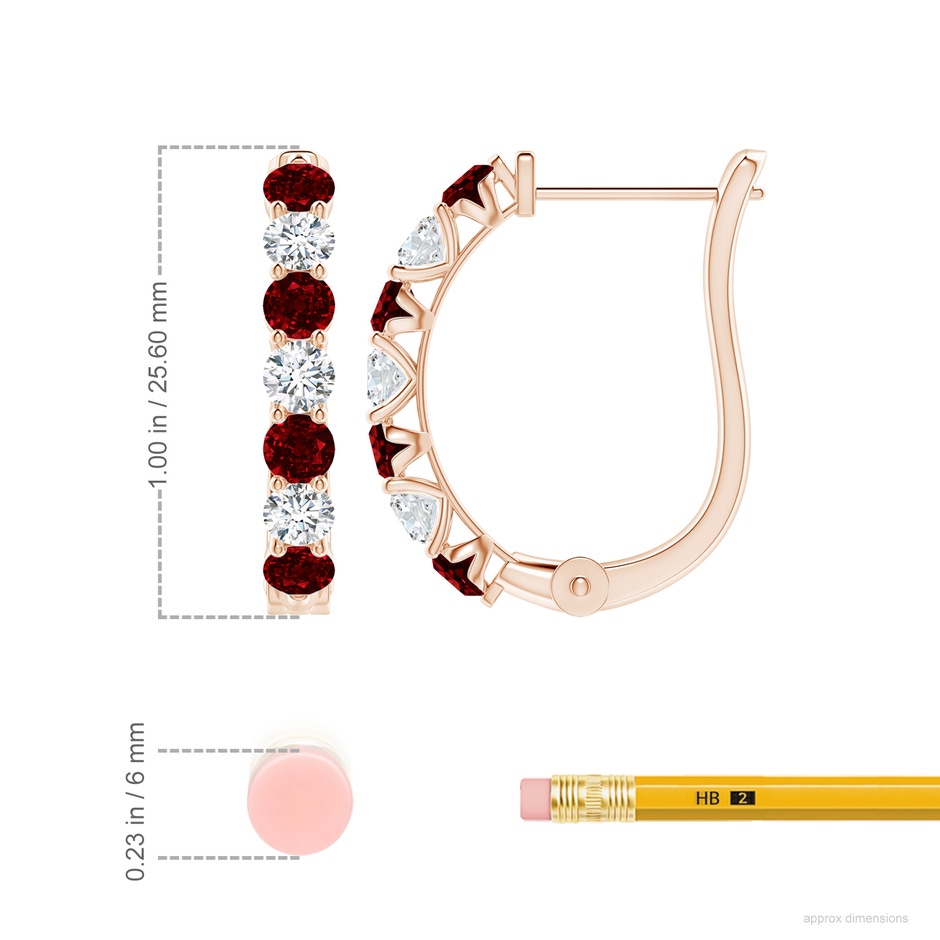 3.5mm AAAA Ruby and Diamond Huggie Hoop Earrings in 18K Rose Gold ruler