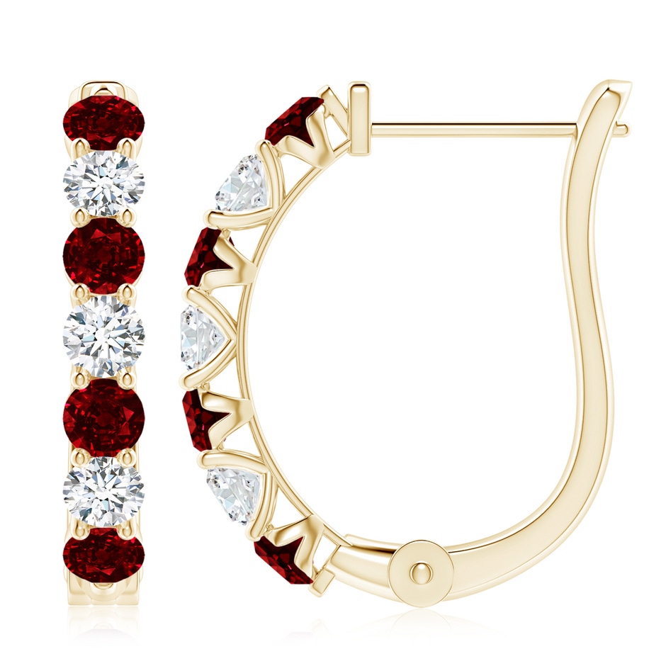 3.5mm AAAA Ruby and Diamond Huggie Hoop Earrings in Yellow Gold 