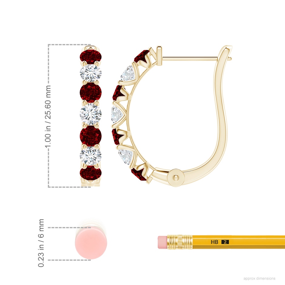 3.5mm AAAA Ruby and Diamond Huggie Hoop Earrings in Yellow Gold ruler