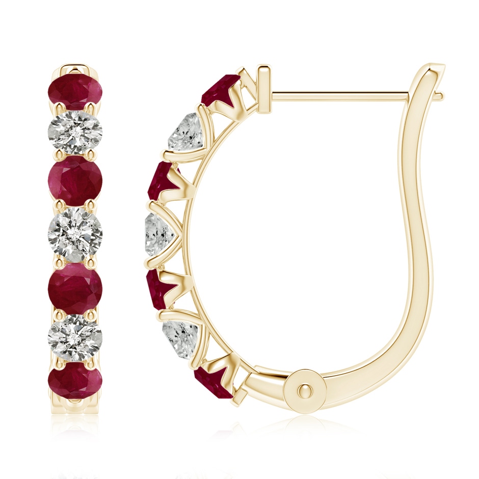 3mm A Ruby and Diamond Huggie Hoop Earrings in Yellow Gold 