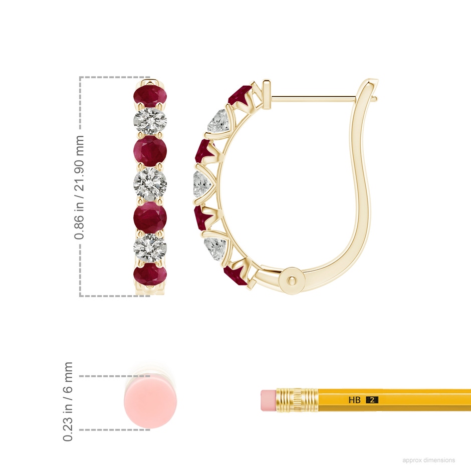 3mm A Ruby and Diamond Huggie Hoop Earrings in Yellow Gold ruler