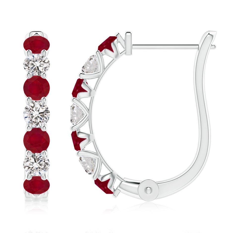 3mm AA Ruby and Diamond Huggie Hoop Earrings in White Gold 