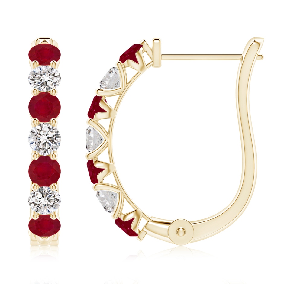 3mm AA Ruby and Diamond Huggie Hoop Earrings in Yellow Gold 