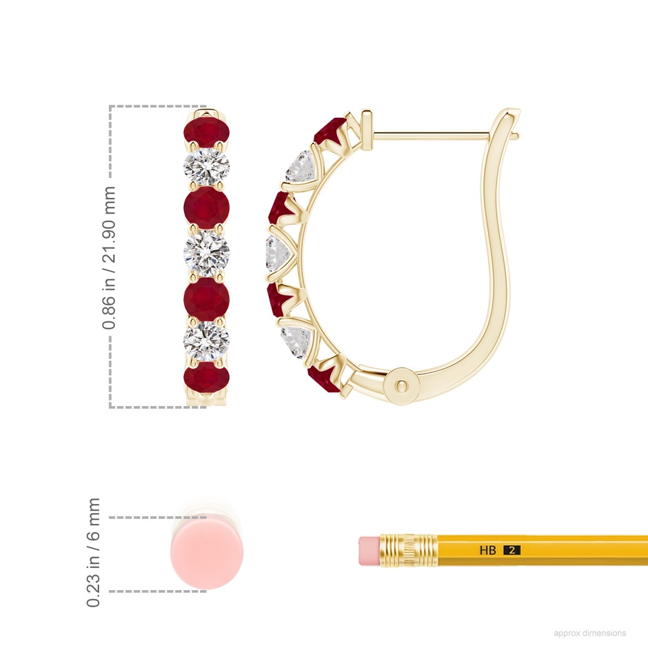 3mm AA Ruby and Diamond Huggie Hoop Earrings in Yellow Gold ruler