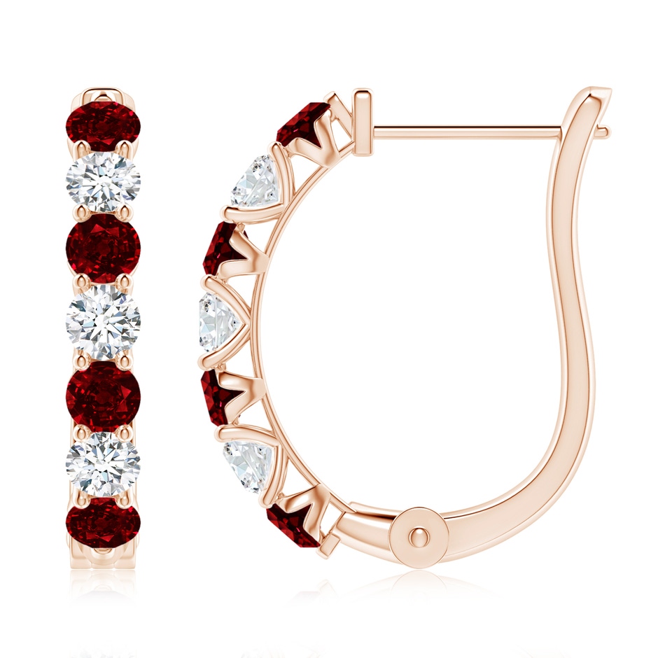 3mm AAAA Ruby and Diamond Huggie Hoop Earrings in 18K Rose Gold 