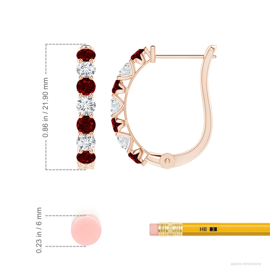 3mm AAAA Ruby and Diamond Huggie Hoop Earrings in 18K Rose Gold ruler