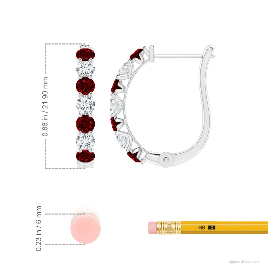 3mm AAAA Ruby and Diamond Huggie Hoop Earrings in P950 Platinum ruler