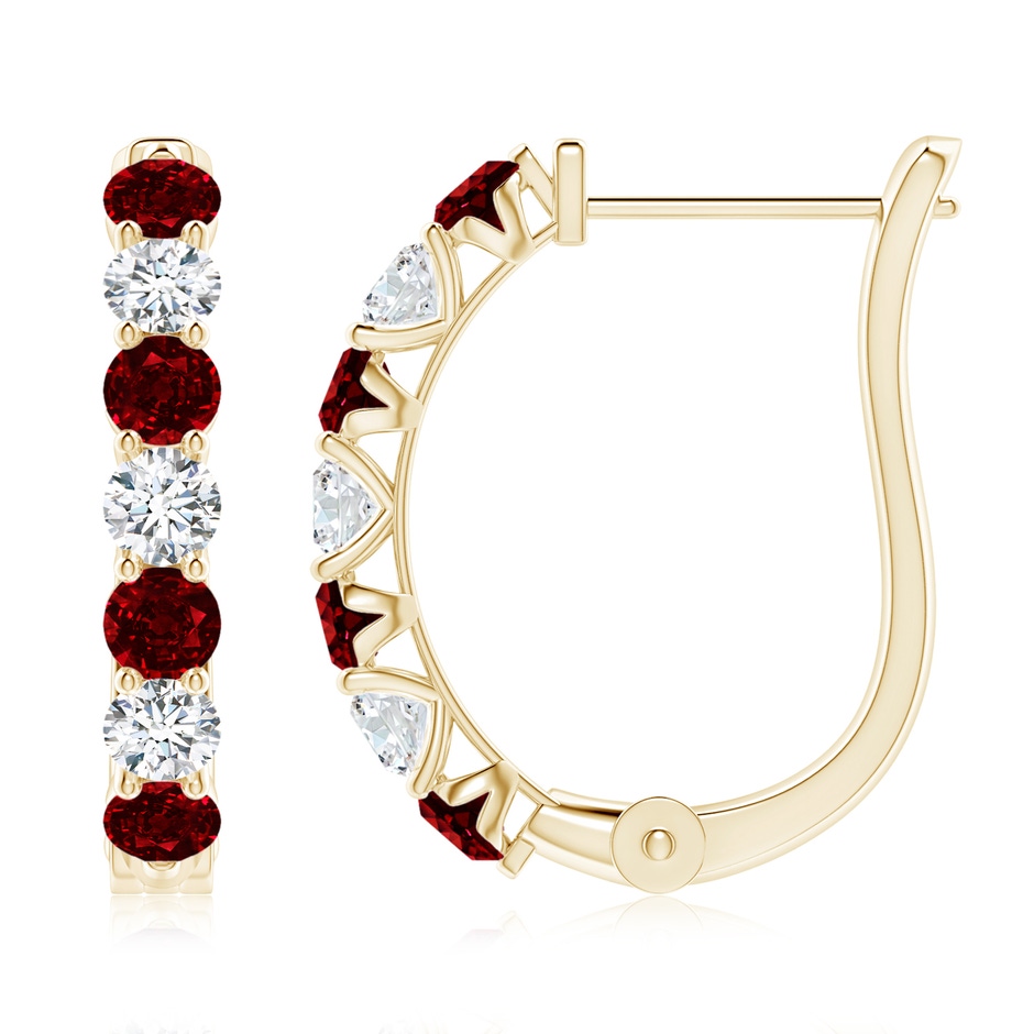 3mm AAAA Ruby and Diamond Huggie Hoop Earrings in Yellow Gold 