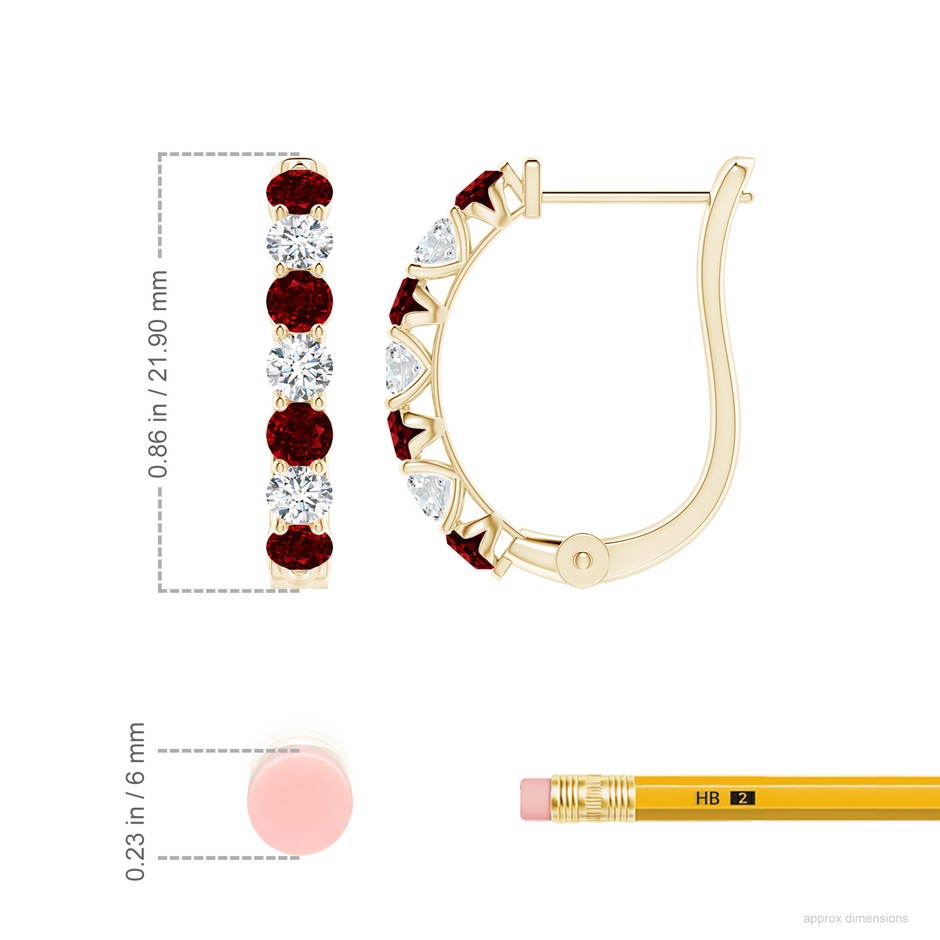 3mm AAAA Ruby and Diamond Huggie Hoop Earrings in Yellow Gold ruler