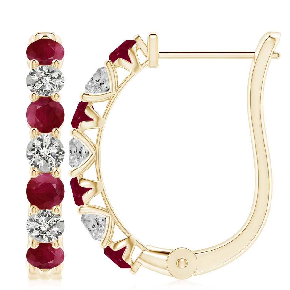 4mm A Ruby and Diamond Huggie Hoop Earrings in Yellow Gold 