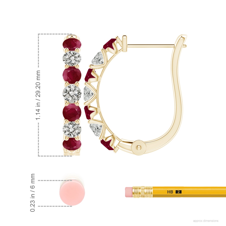 4mm A Ruby and Diamond Huggie Hoop Earrings in Yellow Gold ruler