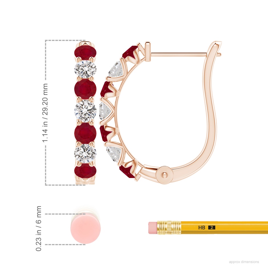 4mm AA Ruby and Diamond Huggie Hoop Earrings in 18K Rose Gold ruler