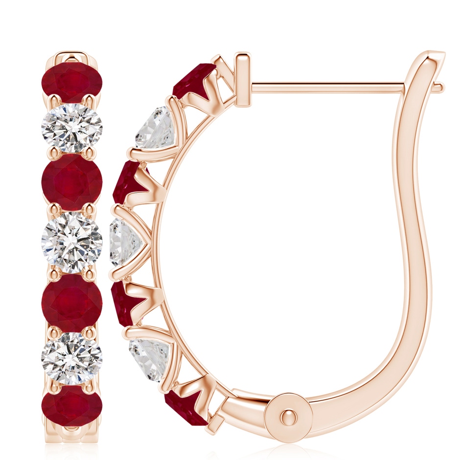 4mm AA Ruby and Diamond Huggie Hoop Earrings in Rose Gold 