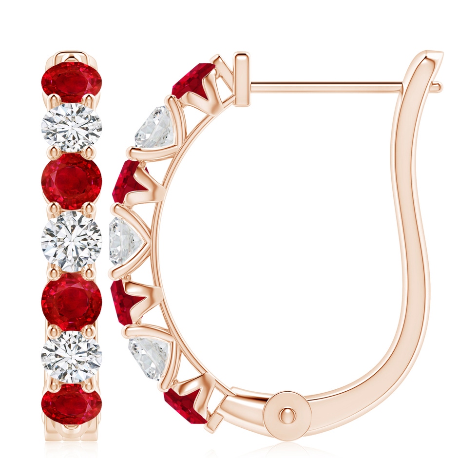 4mm AAA Ruby and Diamond Huggie Hoop Earrings in 18K Rose Gold 