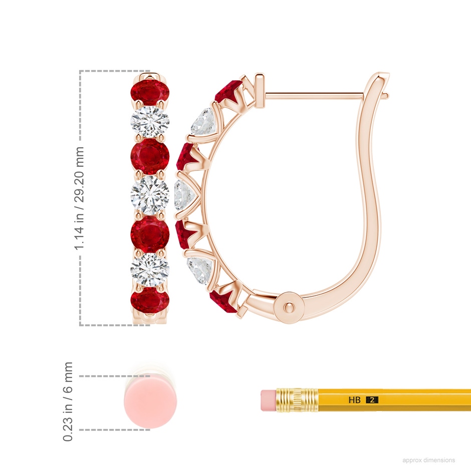 4mm AAA Ruby and Diamond Huggie Hoop Earrings in 18K Rose Gold ruler