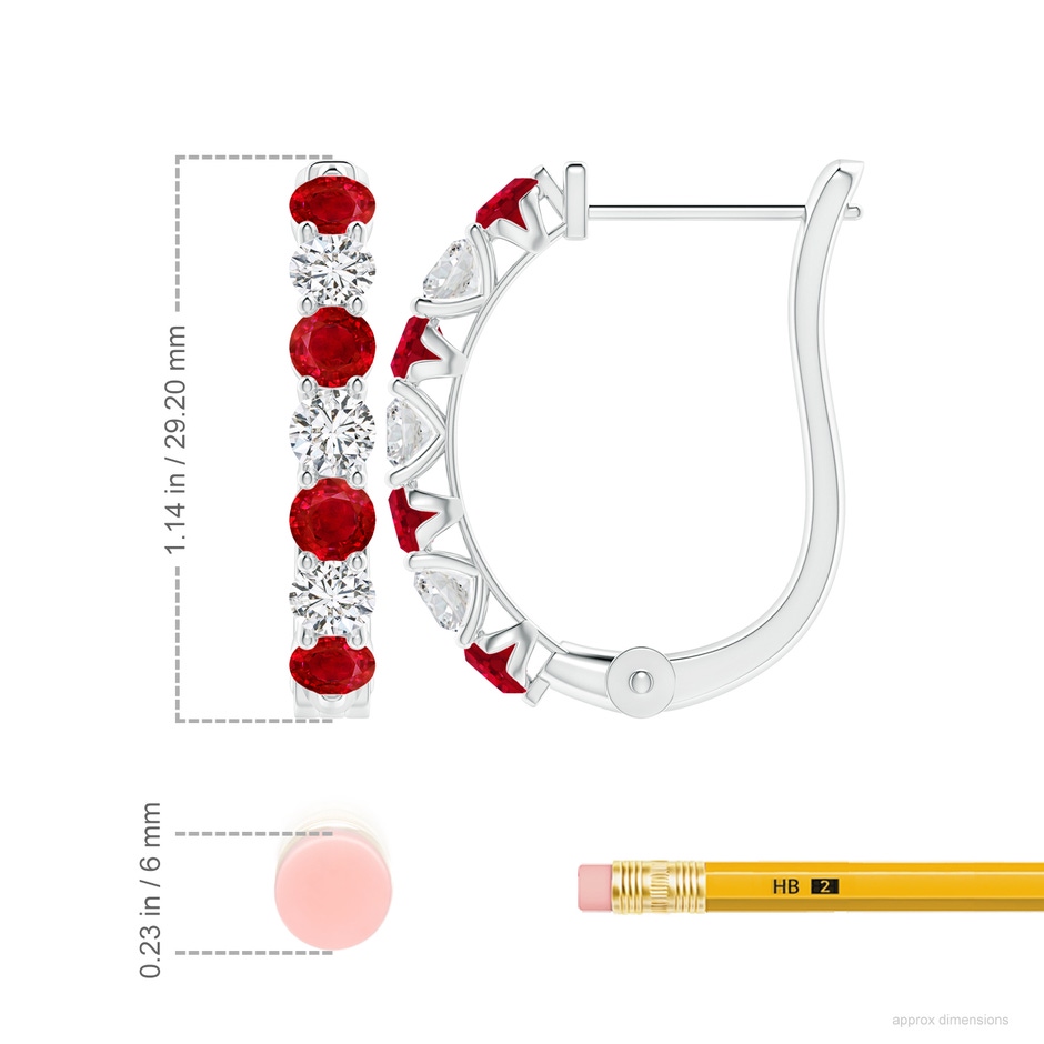 4mm AAA Ruby and Diamond Huggie Hoop Earrings in P950 Platinum ruler