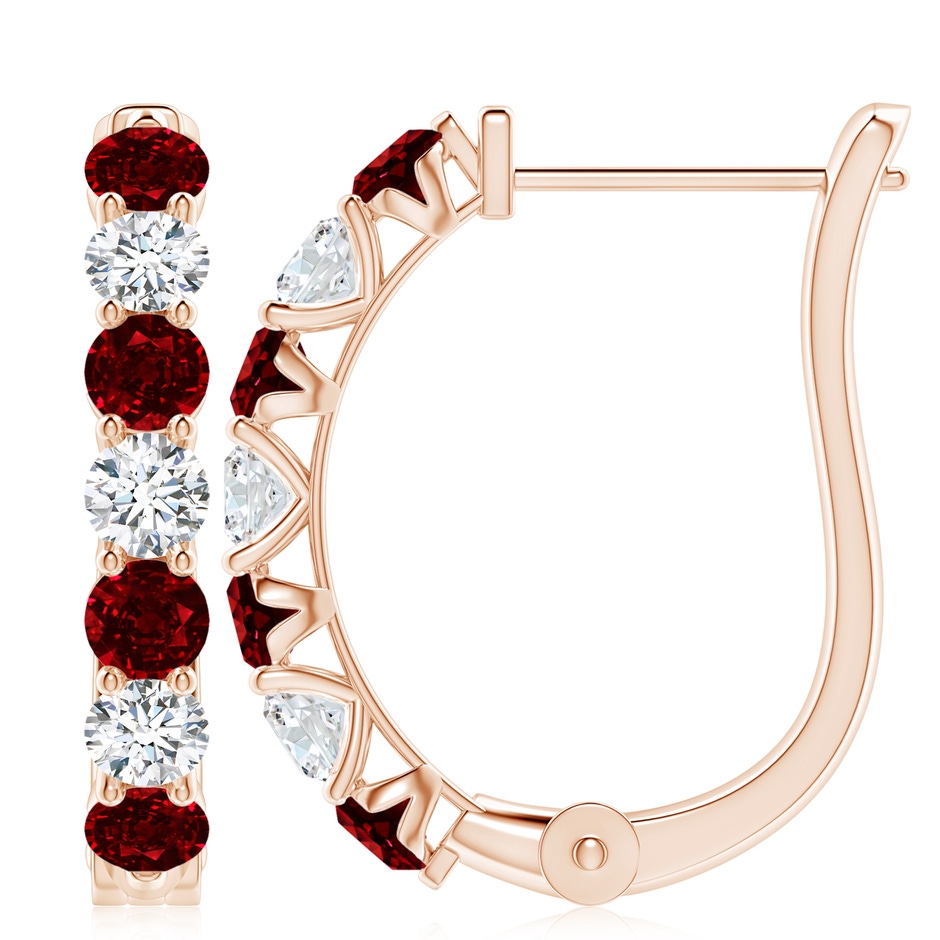 4mm AAAA Ruby and Diamond Huggie Hoop Earrings in 18K Rose Gold 