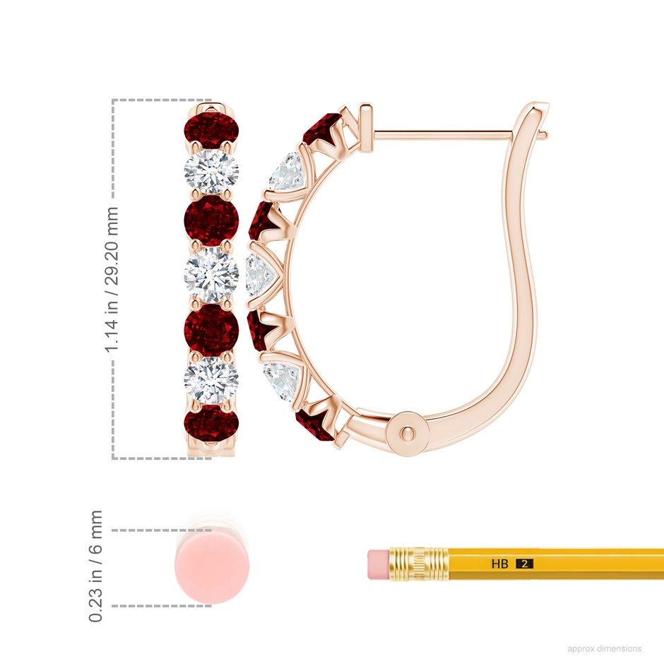 4mm AAAA Ruby and Diamond Huggie Hoop Earrings in 18K Rose Gold ruler