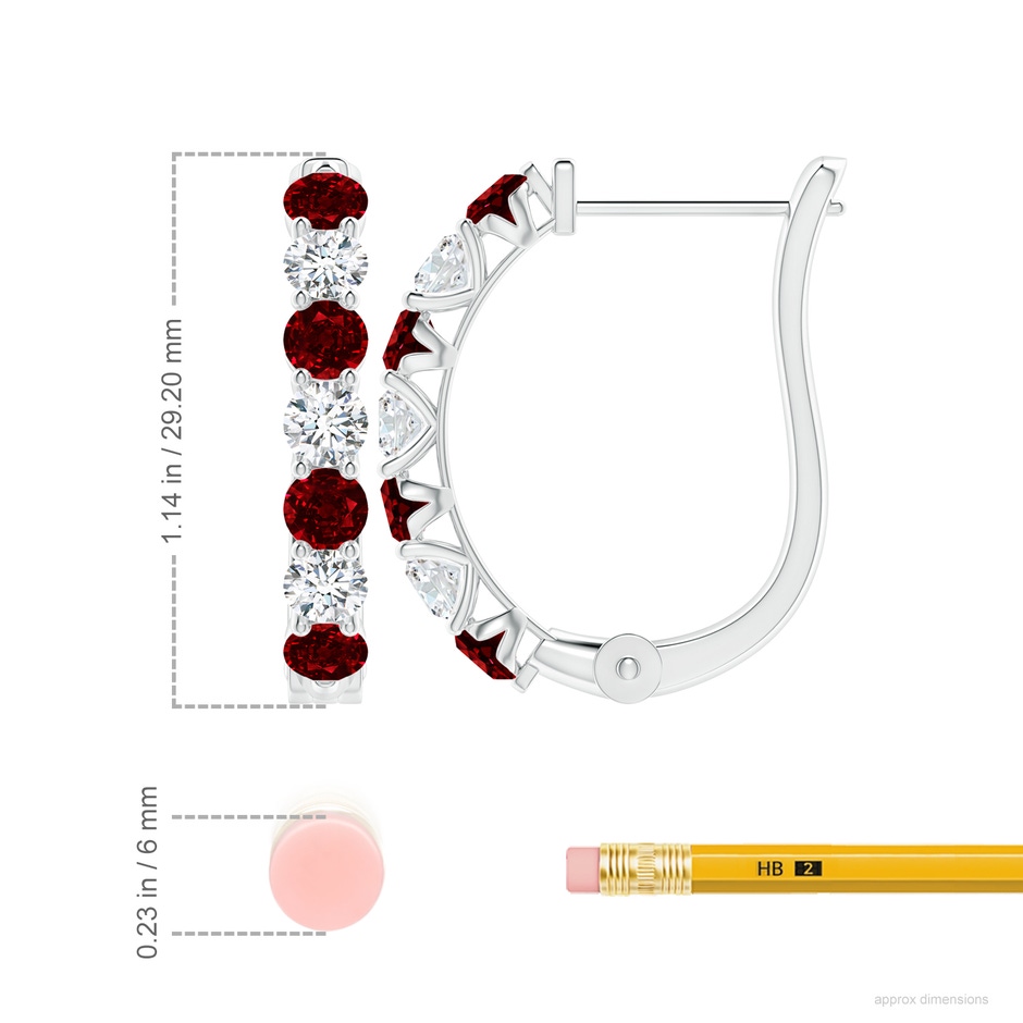 4mm AAAA Ruby and Diamond Huggie Hoop Earrings in White Gold ruler